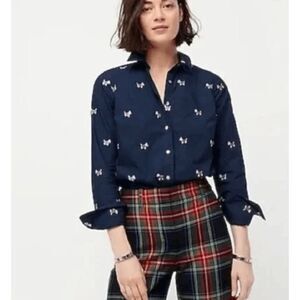 J. Crew Scottie Dogs Embroidered Button Front Shirt Navy Blue Slim Fit Size 8